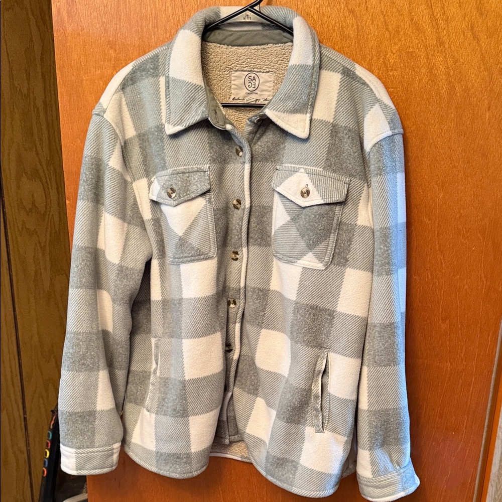 Sage Green and White Plaid Shacket Jacket